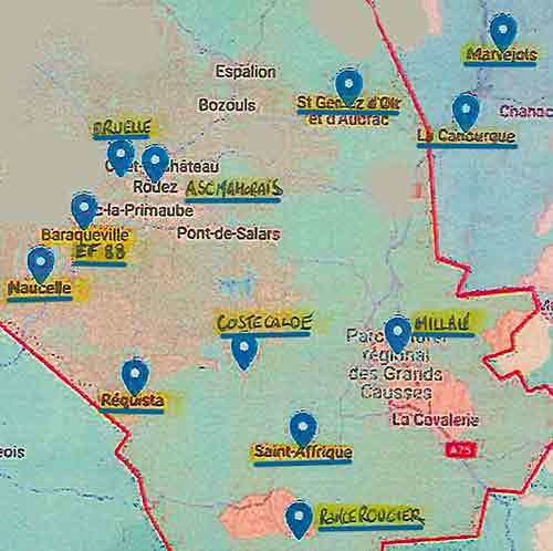 Carte des clubs de DII Aveyron Poule B